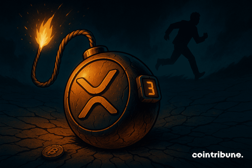 A stylized bomb in the shape of an XRP crypto is on the ground, massive, circular. A lit wick wraps around it, almost completely consumed.