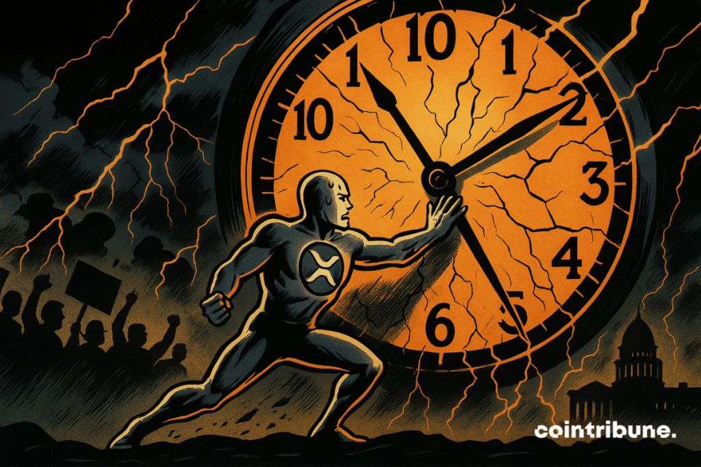 The personified XRP is placed in the foreground. The crypto desperately tries to hold the needles of the clock with its arms, its face tense by effort, its tense muscles, a drop of sweat flowing on its forehead.