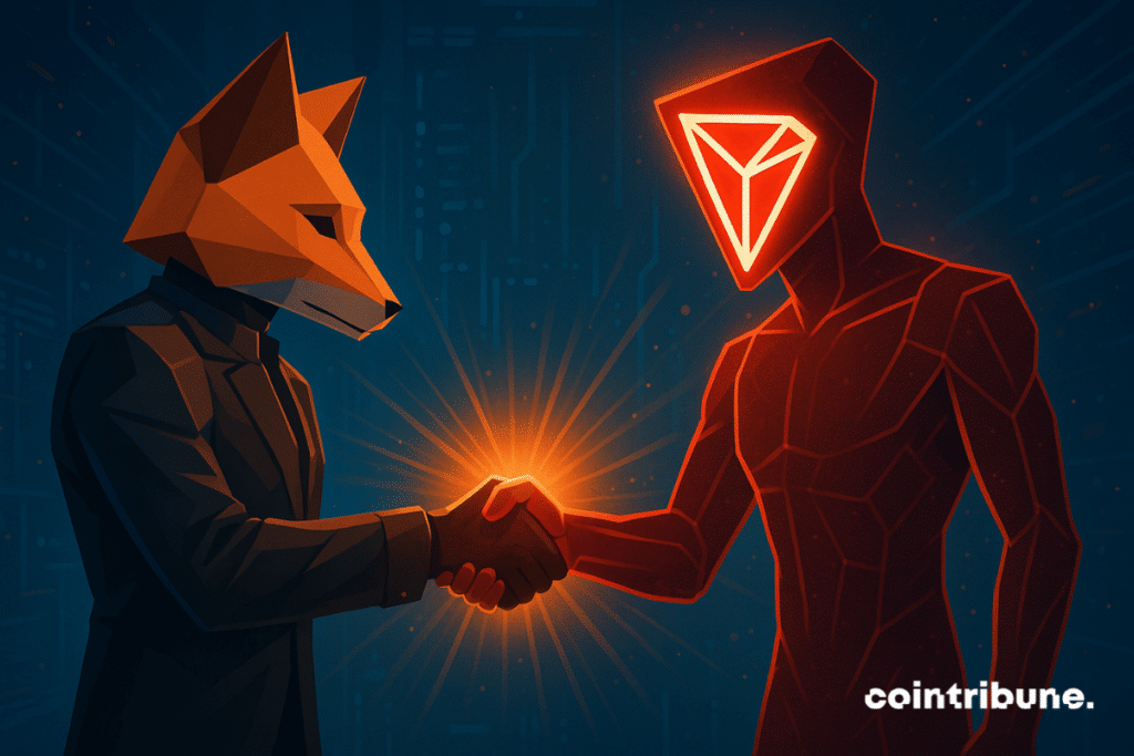 Metamask and Tron seal a digital alliance in a luminous lightning, embodying the first native integration between the two.