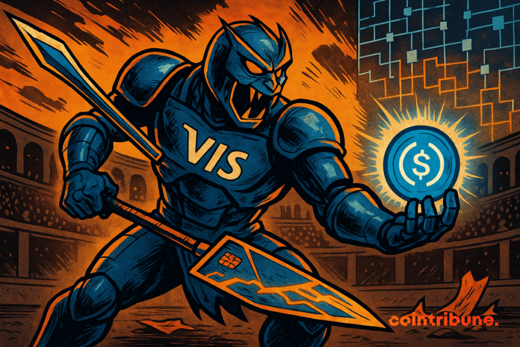 Futuristic warrior visa brandishing a crypto token in a blockchain arena.