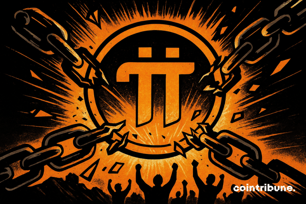 A huge golden pi logo is trapped in massive black metal chains, which literally explode, pieces projected in all directions. In the blurred background, small human silhouettes (symbolizing users of the crypto) raise their arms, in a hoping or victory.