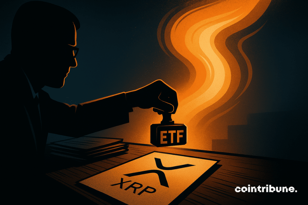 A regulator tending a hesitant arm to a button or a stamp. The crypto XRP is in the light of the ETF.