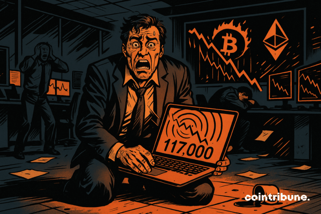 The CEO of a crypto company in crisis, seated on the floor, legs folded, holding a laptop on its knees. He is in panic following the fall of Bitcoin.