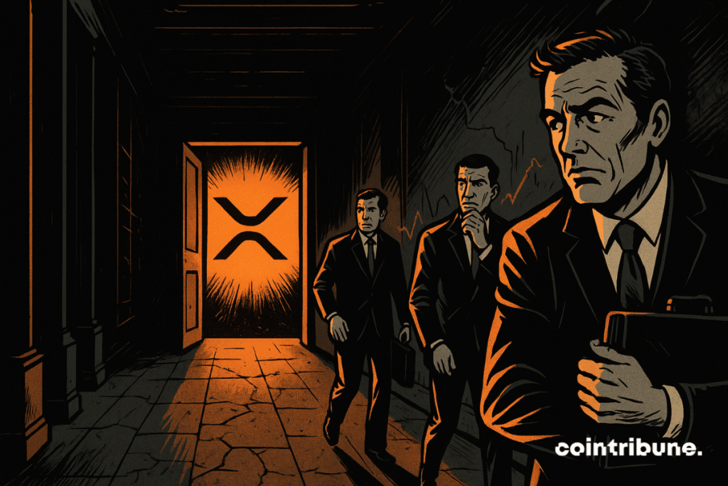 A door ajar at the end of the corridor, letting an intense orange light spring. In this light floats the XRP logo, as a brilliant and inaccessible promise. Three crypto investors in costumes are moving towards the door.