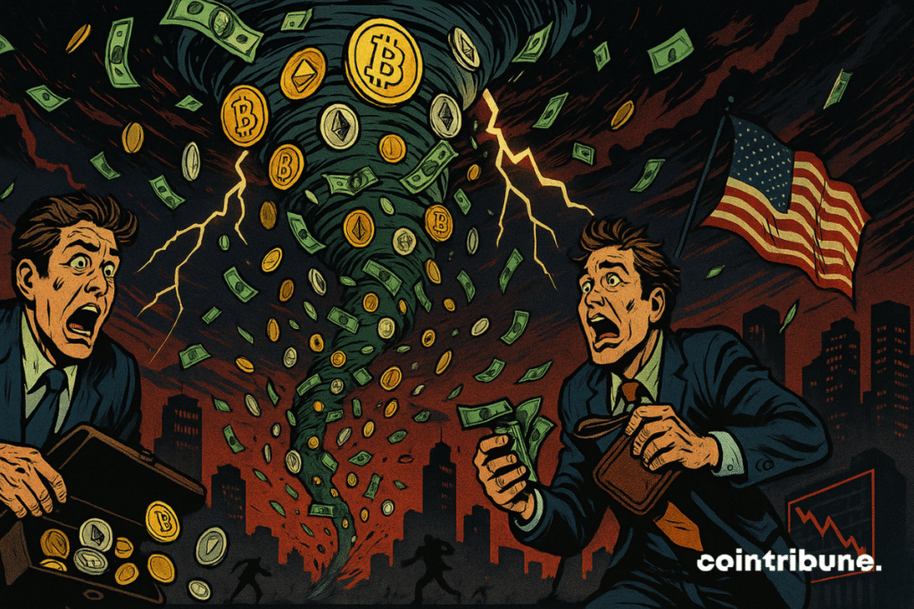 A tornado of US tickets and crypto parts (BTC, ETH) sucks to a bright red sky. Crypto traders and investors are trying to retain their portfolios or bags of parts, which symbolizes panic relating to the publication of US inflation data.