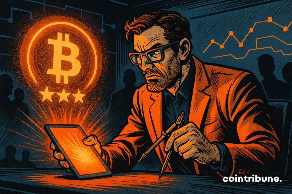 An architect drawing a crypto notation. Bitcoin highlighted.