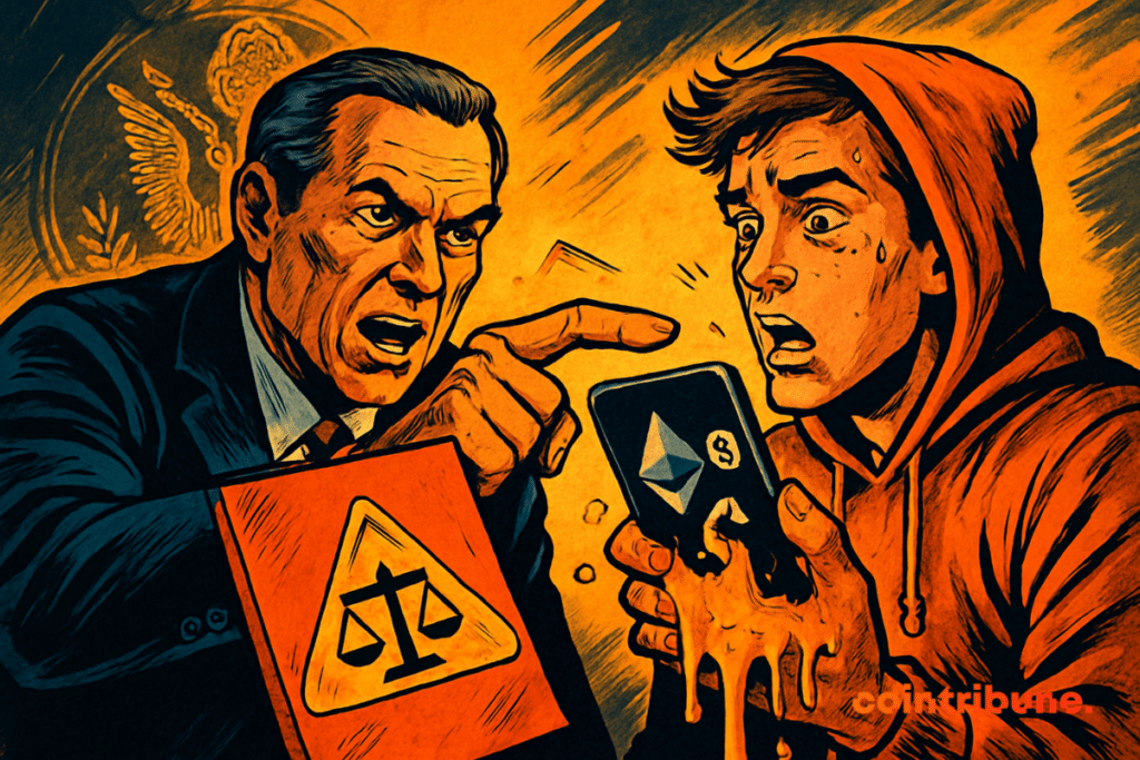 A dry agent accuses a young crypto investor holding a blending smartphone.