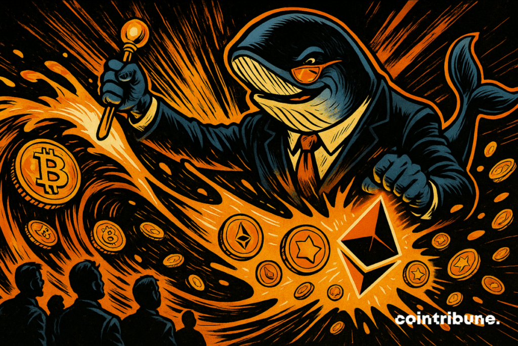 A financial whale dominates a wave of bitcoins that transform into ether and altcoins, surrounded by amazed silhouettes.