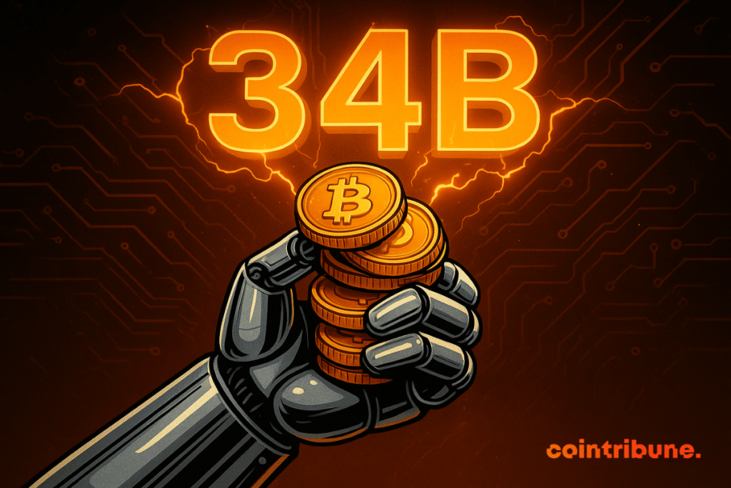 A metal robotic hand grabs a stack of bright golden bitcoin parts under a bright orange 