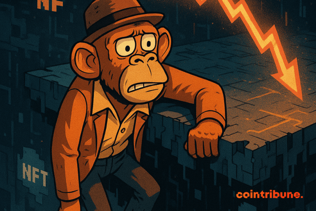 A NFT monkey suspended from a digital edge, resists the fall of a graphic display 