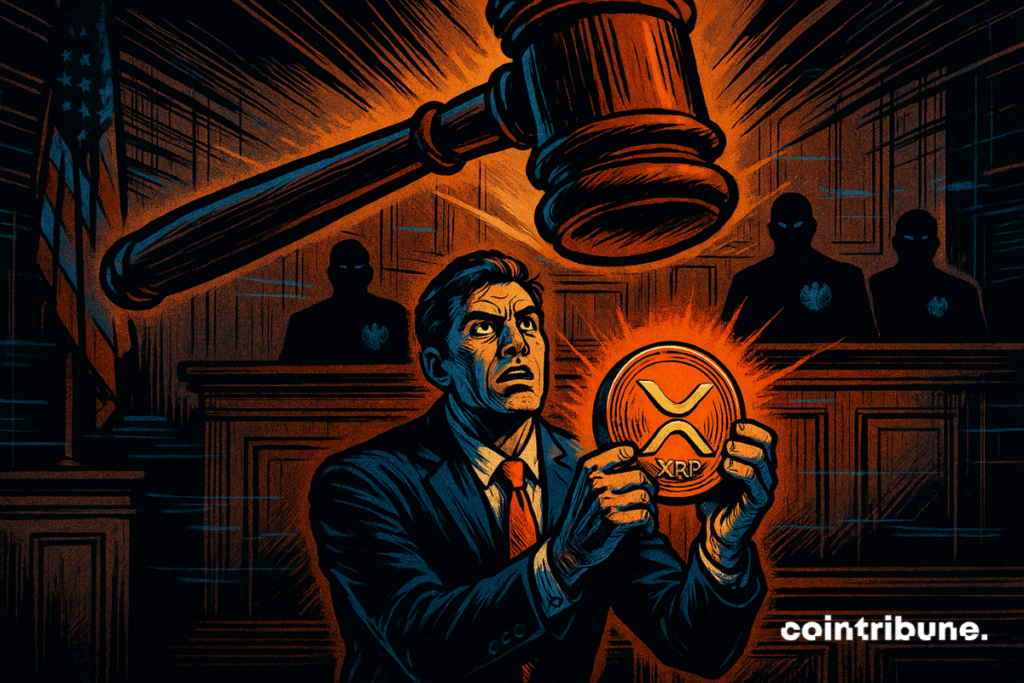A lawyer defends XRP in court, holding the play while a hammer falls on her - crypto against regulation in full force.