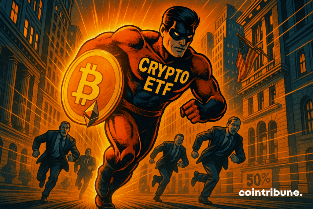 The ETF Crypto Superhero sprintes in front of Wall Street with a shiny crypto shield.