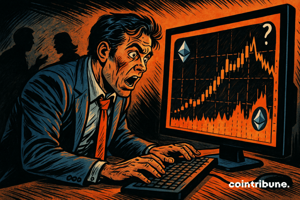Worried trader, flashing Ethereum screen, crazy climb stopped, dramatic orange light, blurred colleagues, tension, panic, 70s comic style.