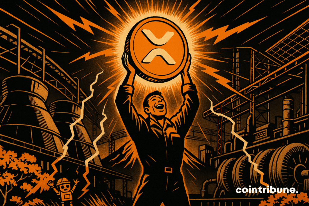 A heroic mining specialist in a dark combination, standing in the center, arms raised, holds a huge orange and white bitcoin token above his head that emits intense light.