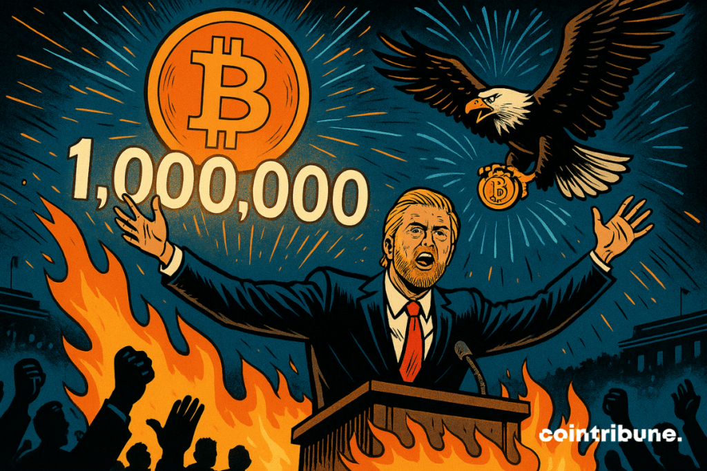 Eric Trump, standing on a podium on fire, raising his arms to the sky. A huge orange bitcoin hovering above him, struck with the