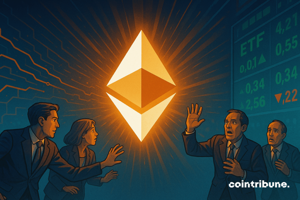 The Ethereum logo shines in a thousand lights while the traders react with mixed emotions next to the Graphics ETF.