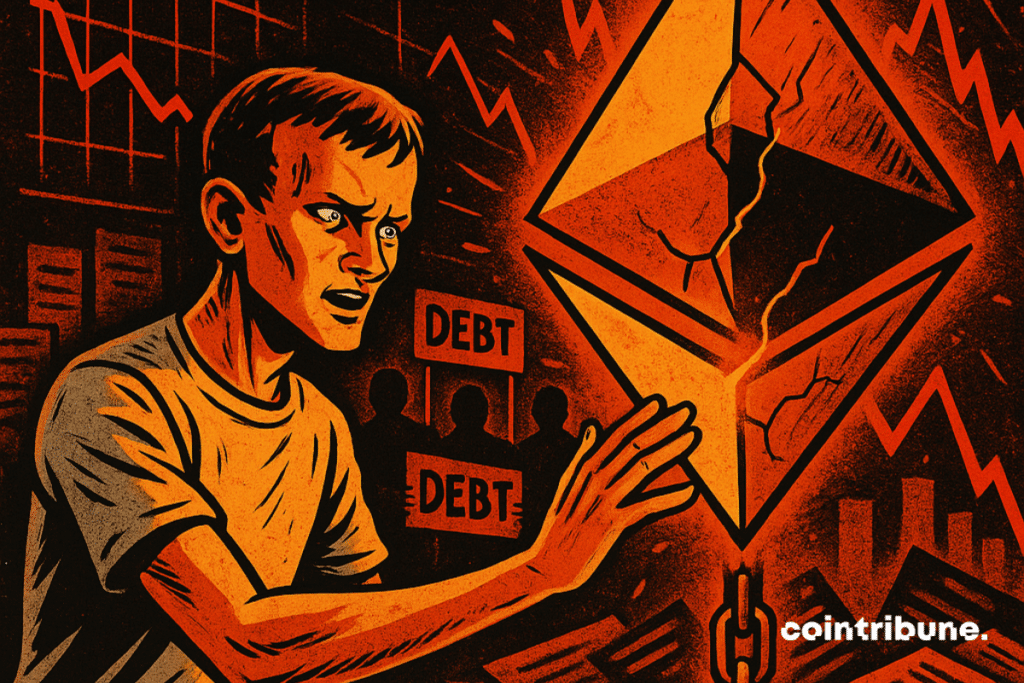 : Vitalik Buterin, worried, reaches out to a cracked and chained Ethereum logo.