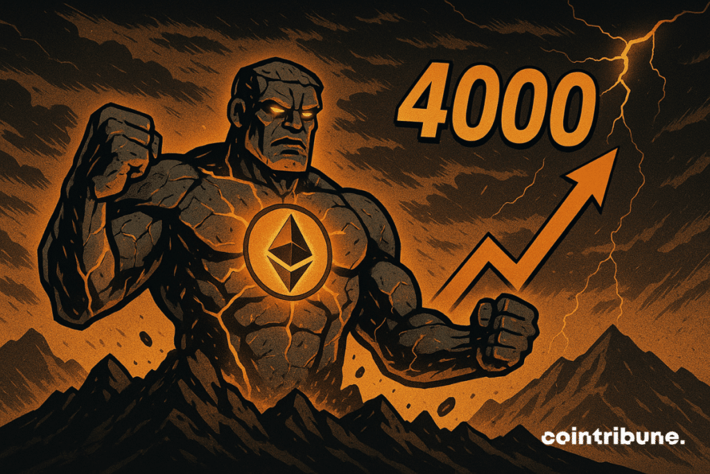 A colossus of Ethereum stone wakes up, bright orange cracks, figure 4000 and ascending arrow under a stormy sky
