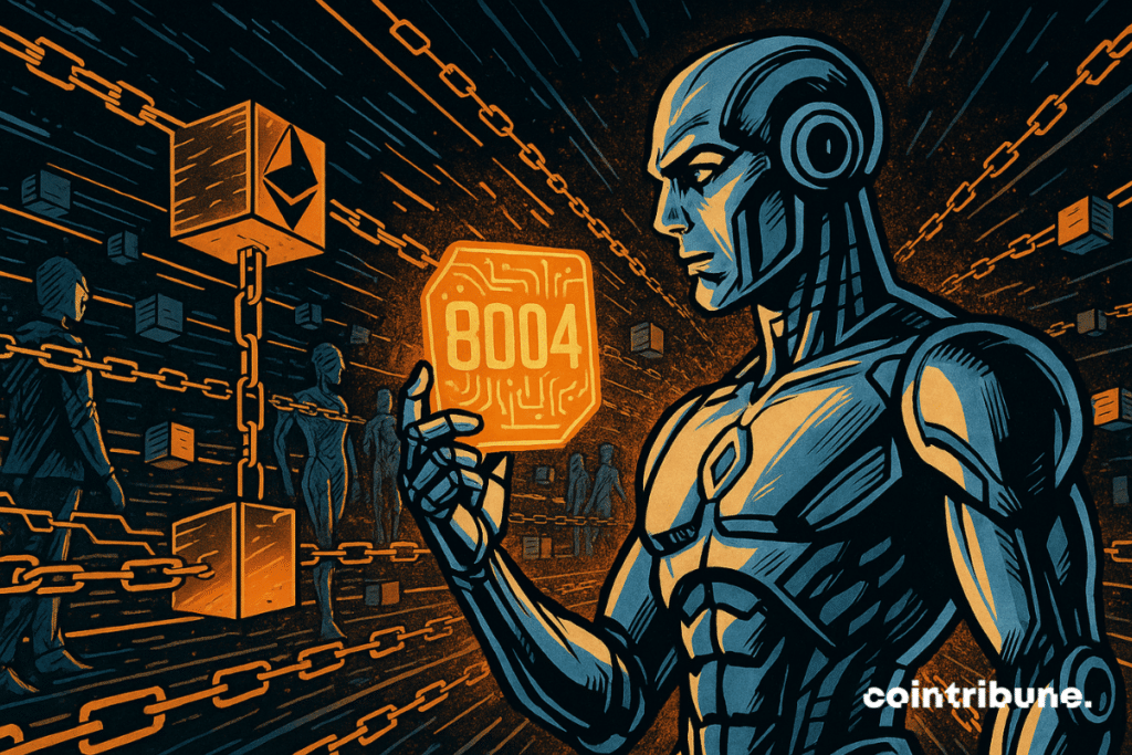 Futuristic Android on bright data bridge, ERC-8004 hologram, floating Ethereum chains, digital silhouettes, lines of movement, dramatic orange light.