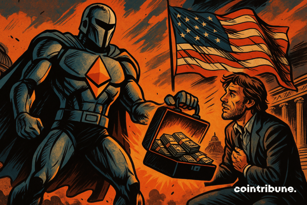 A superhero Ethereum hands a trunk of tickets to Roman Storm, in front of an American flag, in a dramatic scene.