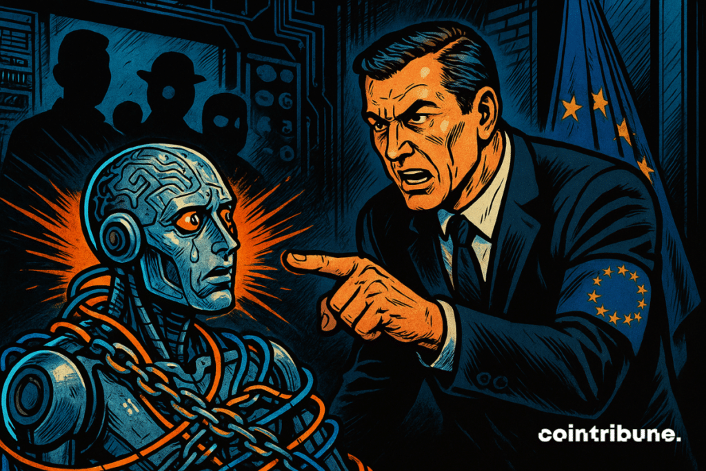 An accusing European commissioner points to a chained and tearful robot, under the dark gaze of technological giants