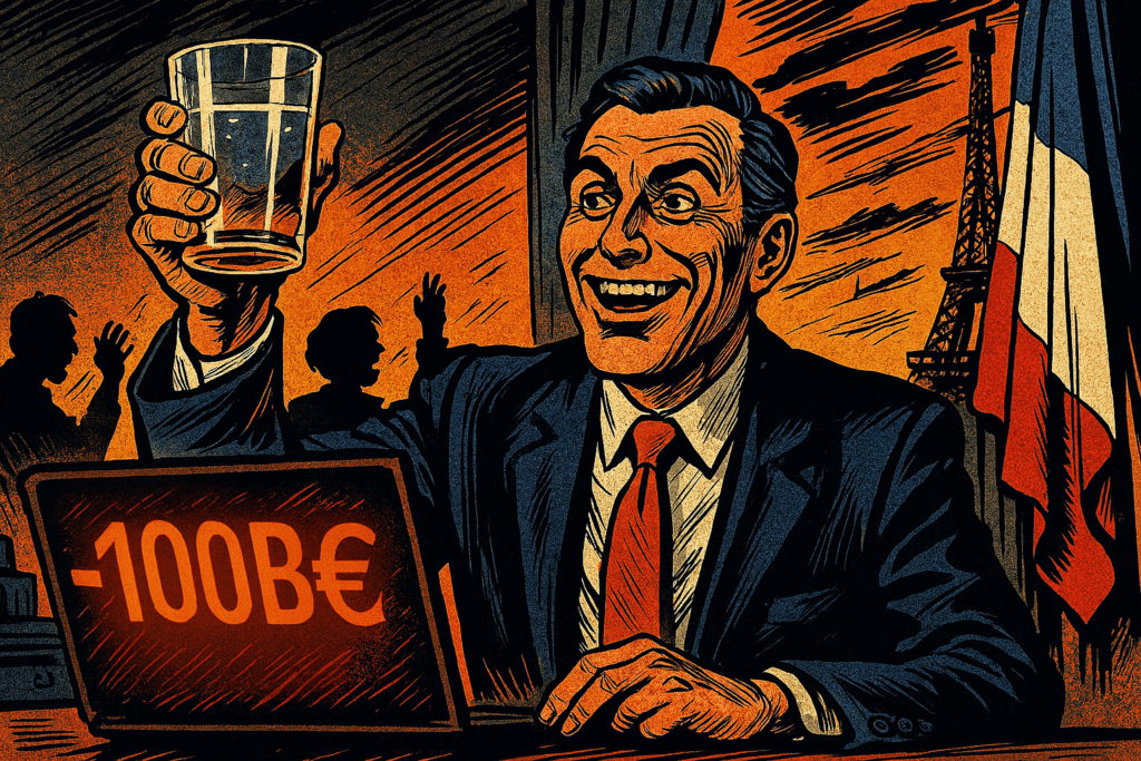 Senior smiling official lifts a glass in front of a red screen displaying 