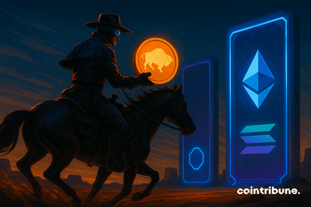 Futuristic cowboy on horseback brandishing an orange part of the stable coin from Wyoming in front of the light symbols of Ethereum and Solana