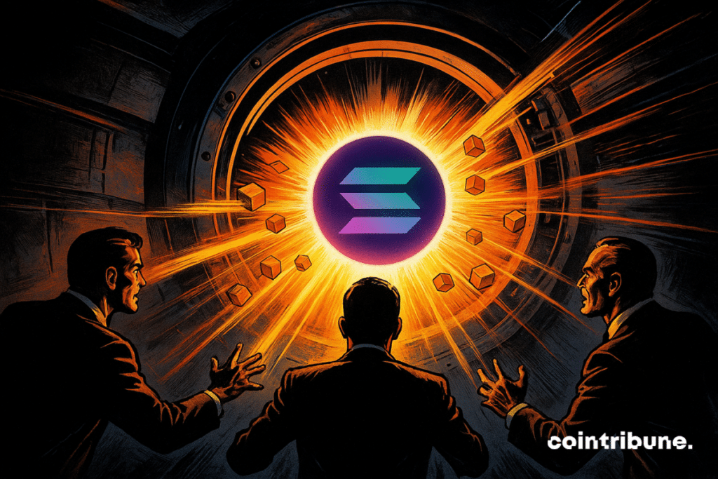 Three suited men unleash Glowing Energy Into A Vault, Where The Solanna Logo Radiates Power and Wealth.