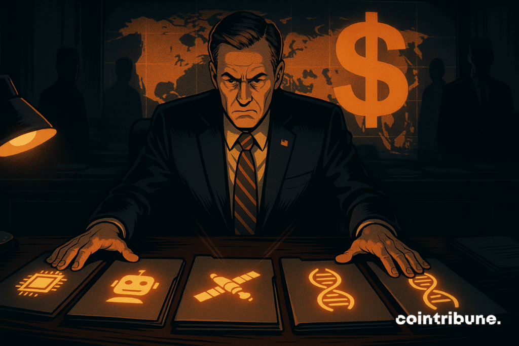 A senior American official analyzes four secret technologies of the Genius Act, under dramatic light, in front of a world map and stablecoins.