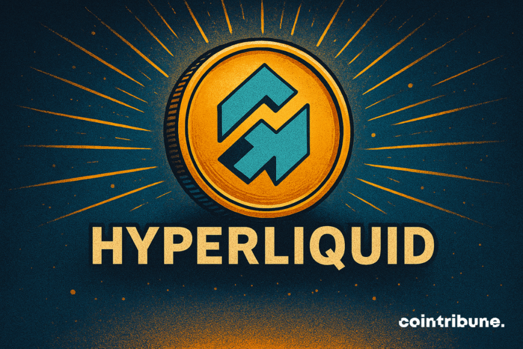 Stylized illustration of a shiny gold coin with the hyperliquid logo in the center, surrounded by radiant beams, with 