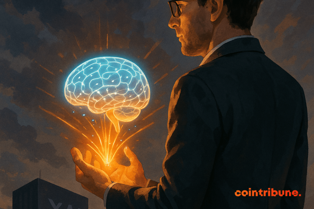 An entrepreneur holds a shiny holographic brain, turning his back on the dark Xai building under a dramatic sky.