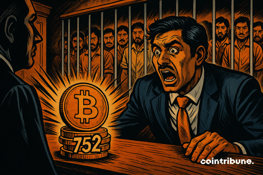 Terrified Indian businessman, 14 criminals handcuffed behind bars, light bitcoins, dramatic tension, strong expressions, dark atmosphere.