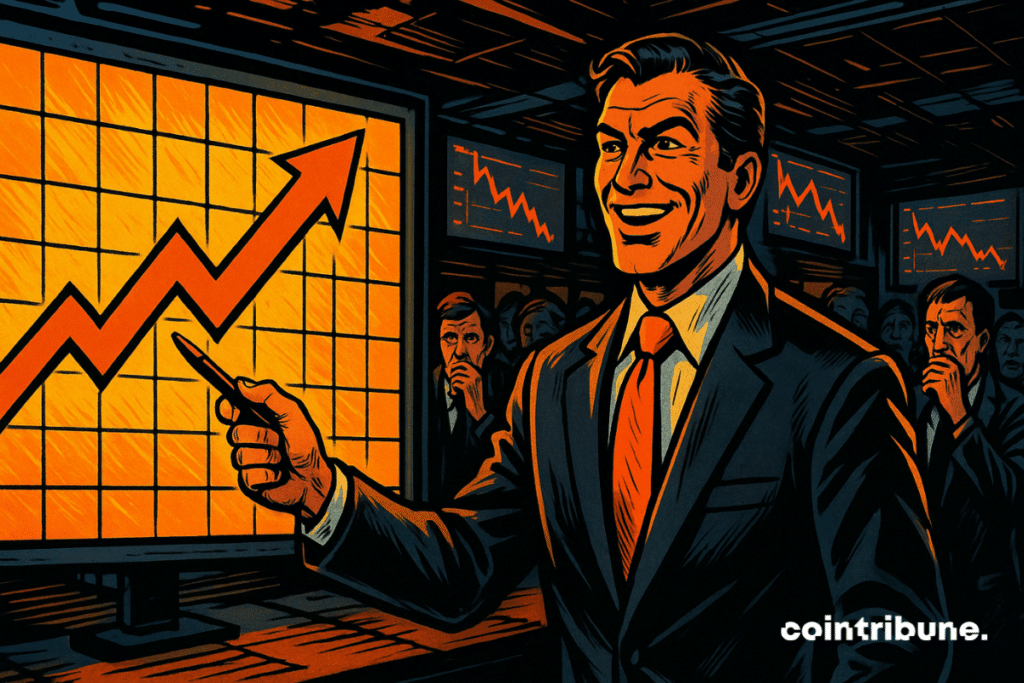 An analyst confident of JPMorgan in costume, orange tie, pointing to a bright bullish graphic, surrounded by worried traders in a dark market room.