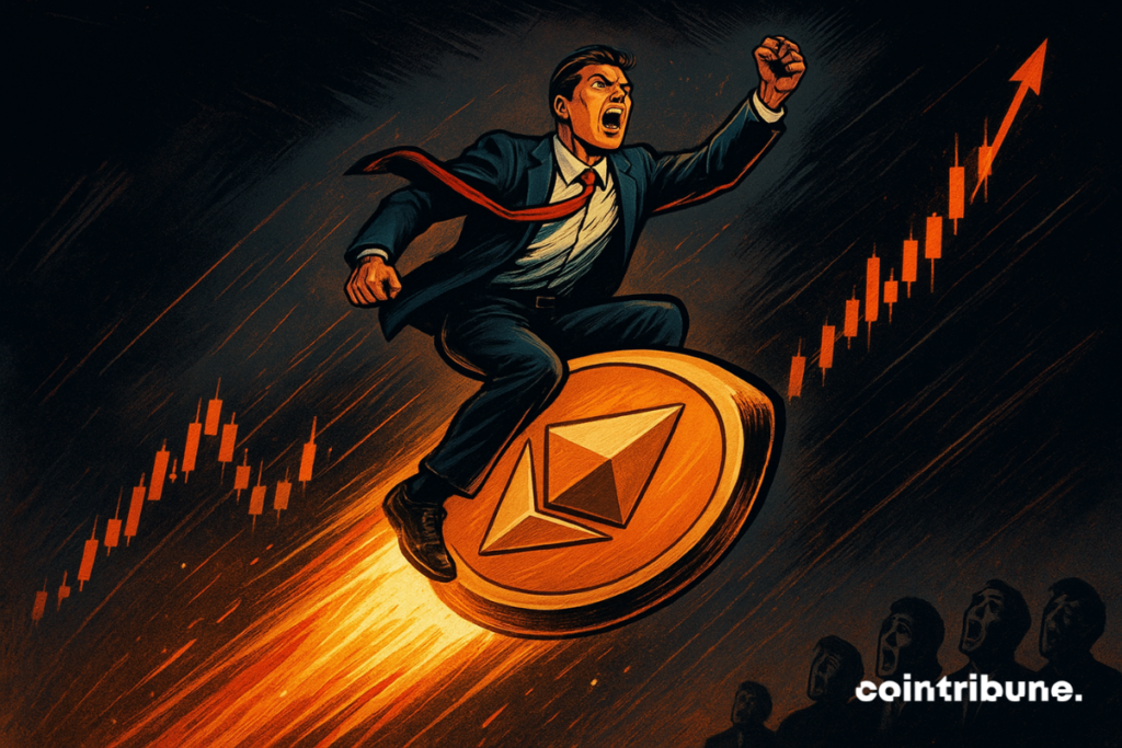 A man in costume rises a fiery Ethereum rocket, graphics and spectators amazed in the background.