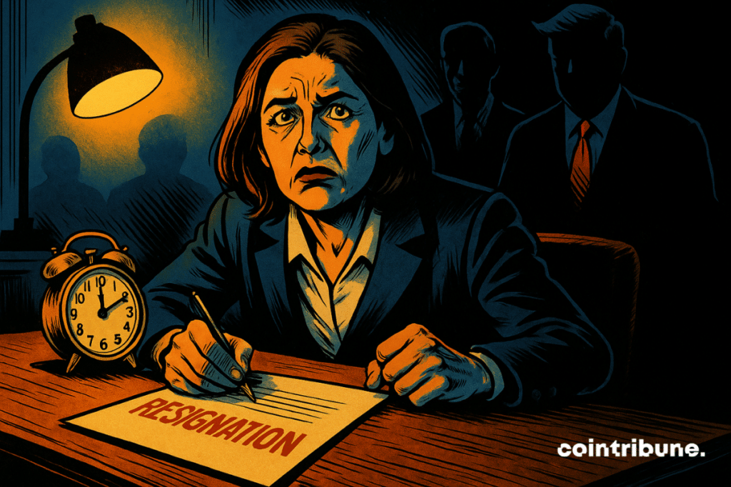 A woman (Kugler) signs her resignation at 11:59 am, in the shadow of political figures who are looming in the background.