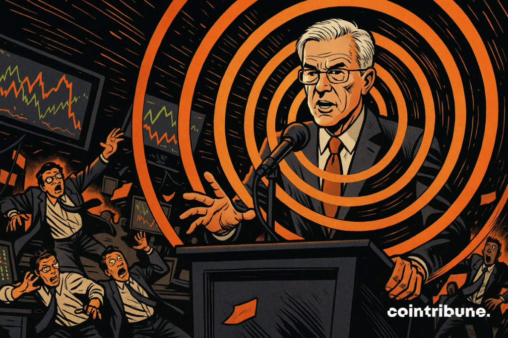 The president of the Fed, Jerome Powell speaks in a micophone. From the microphone springs a huge orange circular wave which spreads into concentric circles outside the scene.