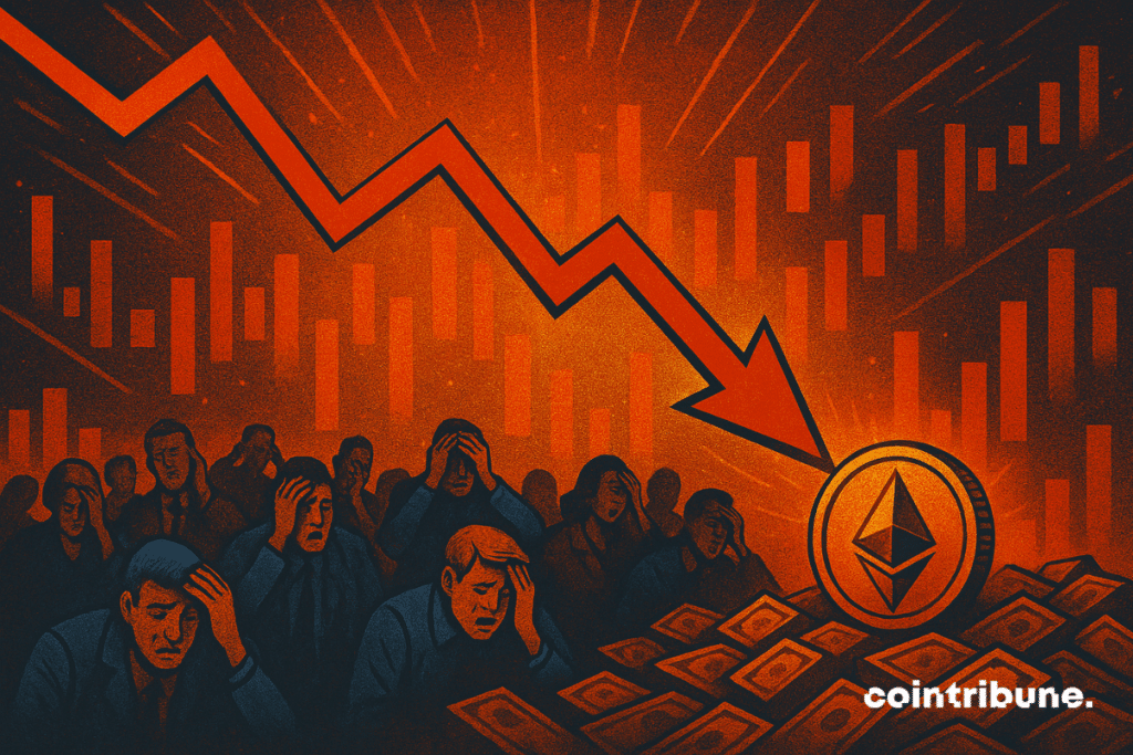 Illustration of Panicked Investors Watching A Sharp Market Downurn, With a Red Arrow Crashing Down Toward An Ethereum Coin, Symbolizing A Crypto Market Crash Amid Financial Turmoil.