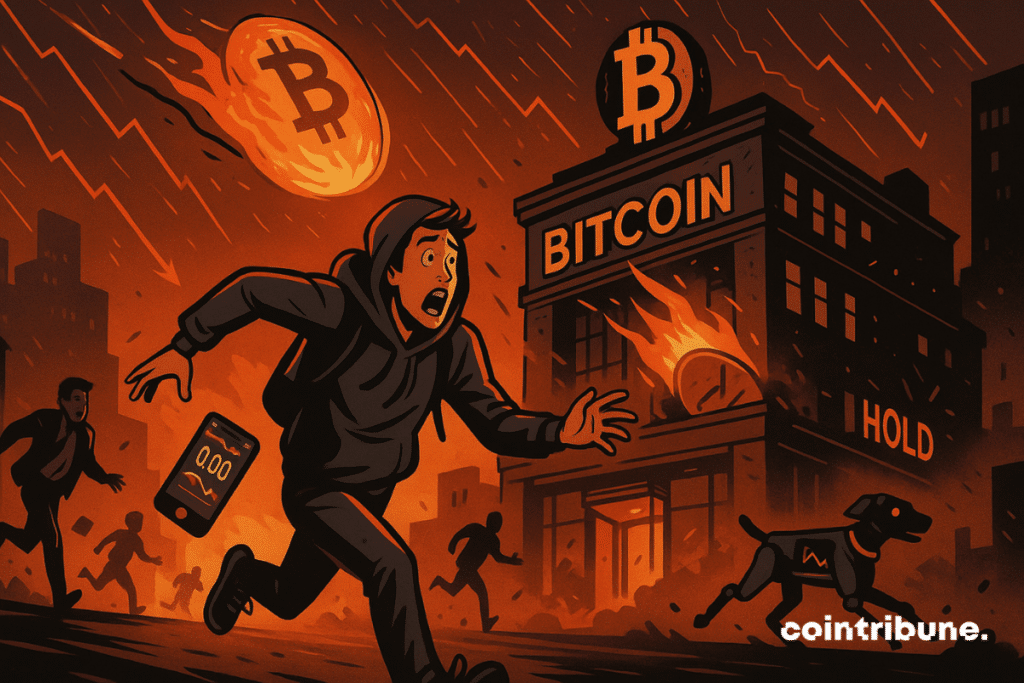 A giant bitcoin piece, in fire, falls from the sky in the background. It seems to crash on the roof of the Stock Exchange building, which is starting to collapse.