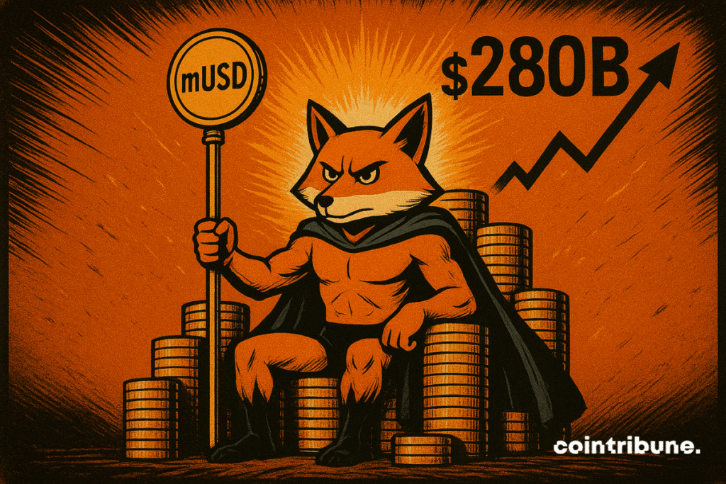 The Metamask fox is sitting on a throne of gold coins, holding a music scepter, with $ 280 billion and a glossy growth graphic behind.