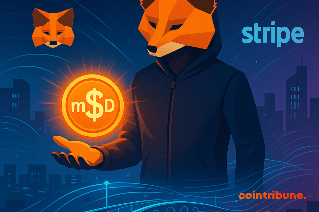 A stylized fox has a luminous music token on a digital bridge connecting Metamask and Stripe.