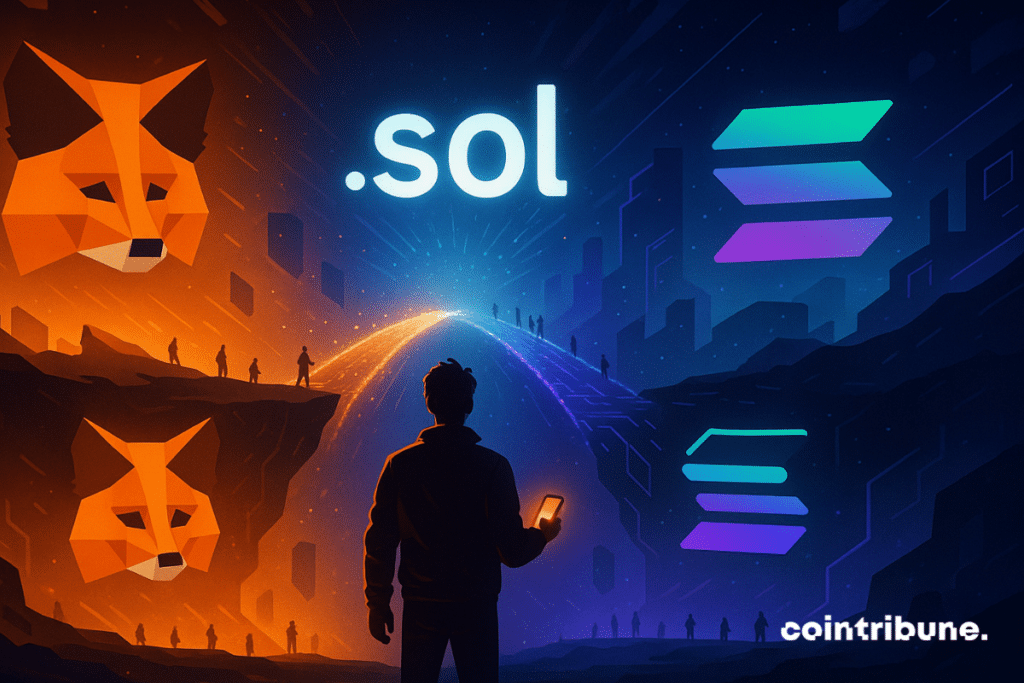 Metamask user on a digital bridge connecting Solana with an above.