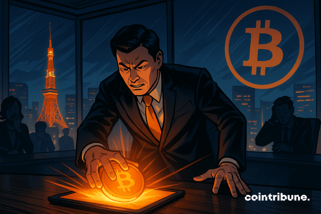 A Metaplanet manager slams a bitcoin room on a tablet in a Tokyo meeting room, with an illuminated city and tension in the background.