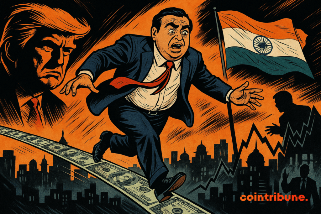Ambani balances on dollars wire, Indian urban below, threatening trump, extreme tension, bright orange, dramatic contrast, comic style.