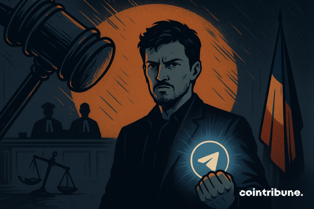 Pavel Durov holds the Telegram light logo in the courtroom while the hammer is looming, symbolizing the confrontation with French justice.