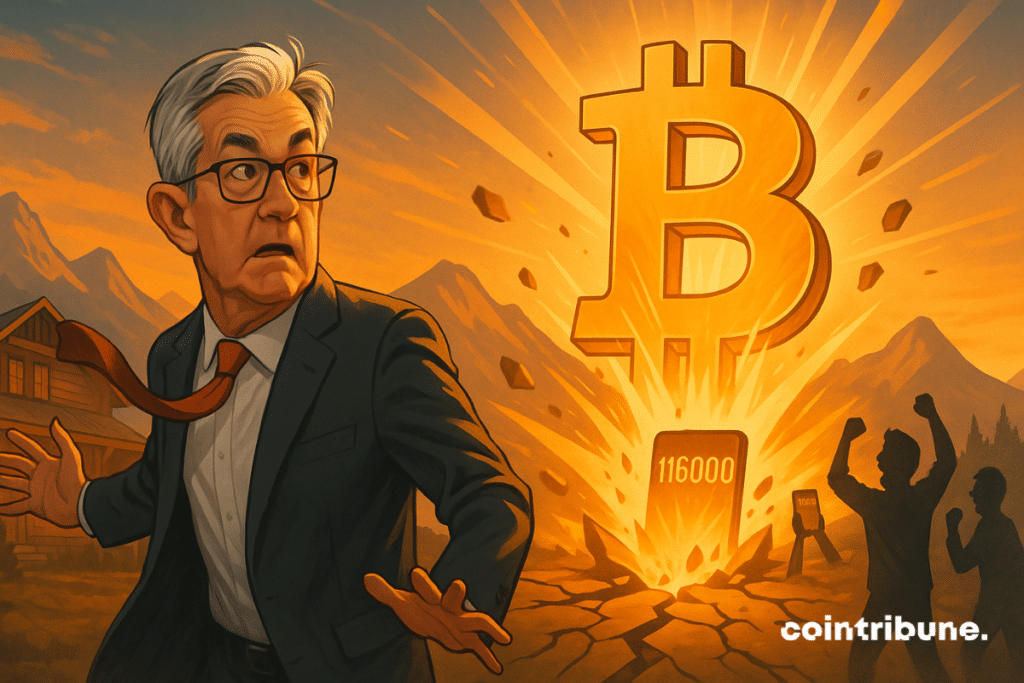Powell amazed in front of a giant bitcoin emerging from the ground, under an orange sky, surrounded by euphoric investors at Jackson Hole.