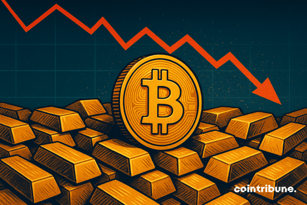 A piece of bitcoin stands among gold ingots while a red arrow indicating the downward price is looming in the background, symbolizing a decline in the market.