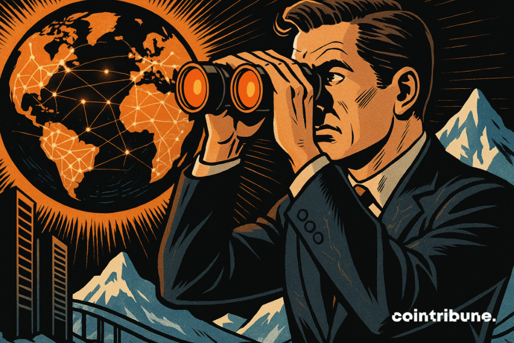 Rumble looks at the shiny land with binoculars.