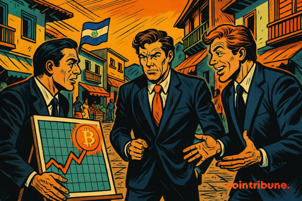 Three bankers discuss a Bitcoin graph in the Salvadoral street, animated Salvadorian, flags and tropical market under orange sky.