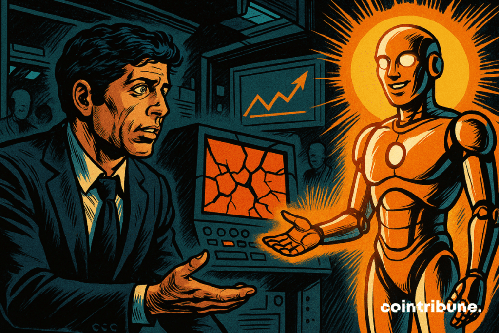 Sam Altman reaches out to bright GPT-6, contrasts with GPT-5 cracked, tension, hologram, dynamic lines, futuristic atmosphere.