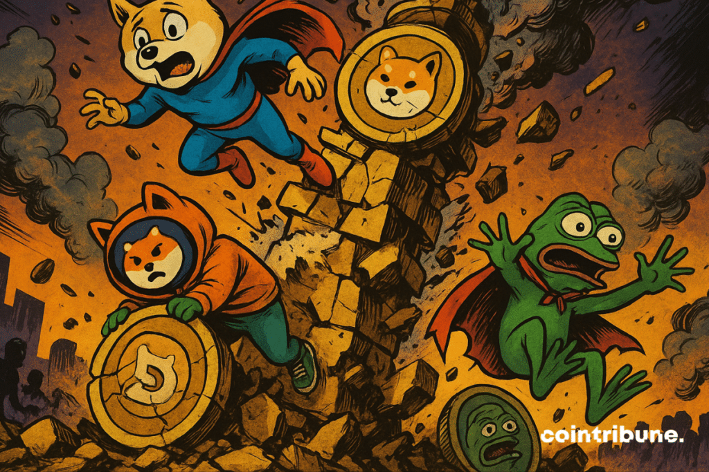 The characters of the same corners Doge, Shiba Inu and Pepe fall while a tower of coins collapses in a comic style.